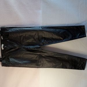 Women black faux leather ankle skinny jeans.